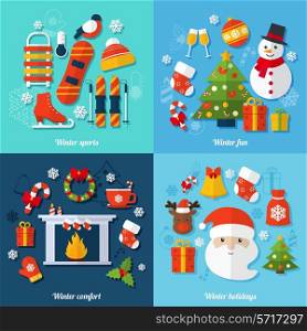 Winter and christmas flat set with sports fun comfort and holidays isolated vector illustration