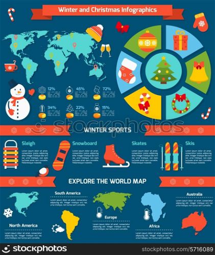 Winter and christmas infographic set with sports symbols and world map vector illustration