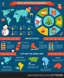 Winter and christmas infographic set with sports symbols and world map vector illustration