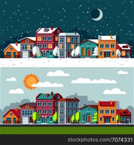 Winter and summer landscape with city houses flat vector illustration. Building cityscape architecture town street. Winter and summer landscape with city houses flat vector illustration