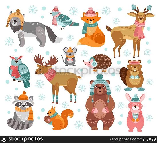 Winter animal characters. Style holiday animals, cute christmas raccoon rabbit fox deer. Woodland funny greeting friends vector illustration. Character christmas deer and owl in hat, rabbit animal. Winter animal characters. Style holiday animals, cute christmas raccoon rabbit fox deer. Woodland funny greeting friends vector illustration