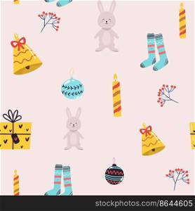 Winter animal seamless pattern hare gifts, socks, candles, toys, Perfect for holiday invitations, winter greeting cards, wallpaper and gift paper,. Winter animal seamless pattern hare gifts, socks, candles, toys, Perfect for holiday invitations, winter greeting cards, wallpaper and gift paper