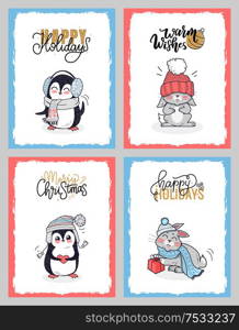 Winter animals in warm cloth depicted on the Happy Holidays cards. Merry Christmas penguin postcard and bunny with gift box, vector illustration greetings. Winter Animals in Warm Cloth, Happy Holidays Cards