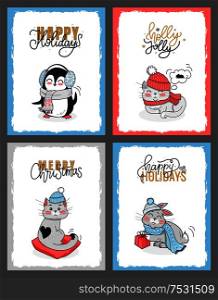 Winter animals vector illustration with greetings of Happy Holidays. Christmas Cards with happy penguin, holly jolly kitten and lovely bunny with gift box.. Winter Animals Illustration, Christmas Cards