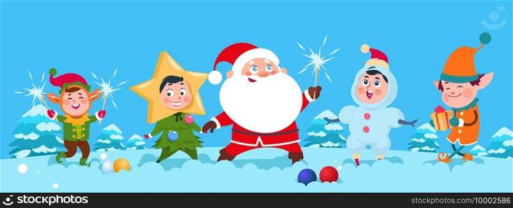 Winter background. Christmas Santa vector illustration. Happy cartoon kids and Santa Claus with sparklers. Christmas happy kids and santa with sparkler. Winter background. Christmas Santa vector illustration. Happy cartoon kids and Santa Claus with sparklers
