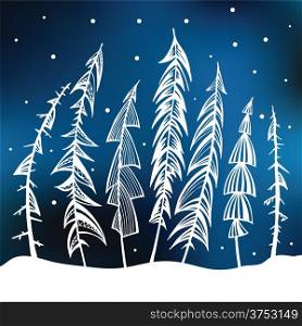 Winter background. Night forest. Hand drawn vector illustration.