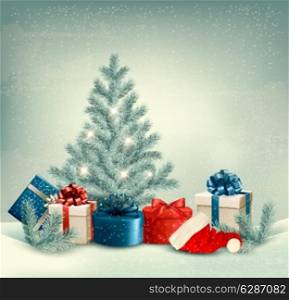 Winter background of christmas tree with presents and santa hat. Vector.