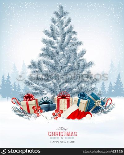 Winter background with a christmas tree, presents and a santa hat. Vector