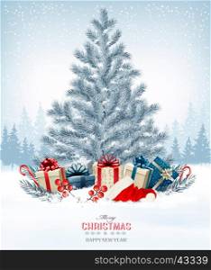 Winter background with a christmas tree, presents and a santa hat. Vector