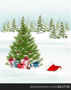 Winter background with a christmas tree, presents and a santa hat. Vector.