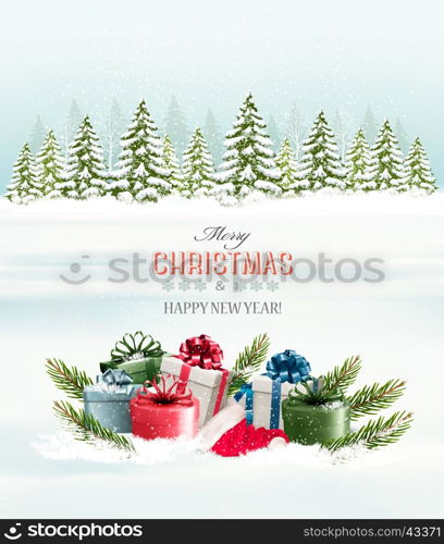 Winter background with christmas gift boxes. Vector.