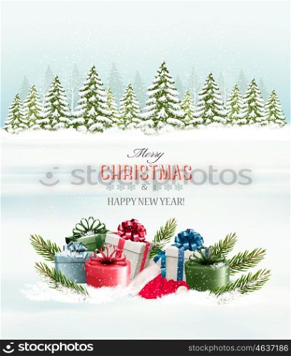 Winter background with christmas gift boxes. Vector.