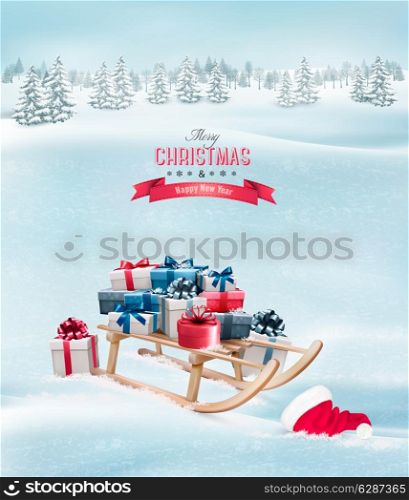 Winter background with Christmas presents on a sleigh and a santa hat. Vector.