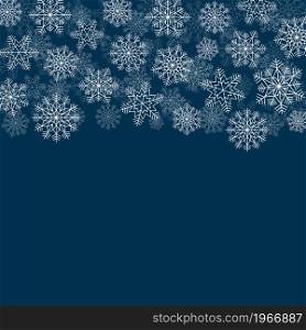 Winter background with snowflakes of different shapes and sizes. Vector illustration of design elements for greeting cards, posters, wallpaper, surface, web design, textile, decor, print.
