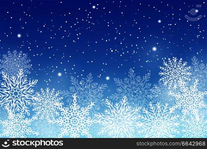 Winter background with white snowflakes on blue backdrop. Vector illustration of snowballs of different shape, frozen snow with place for text. Set of Different Snowflakes on Vector Illustration