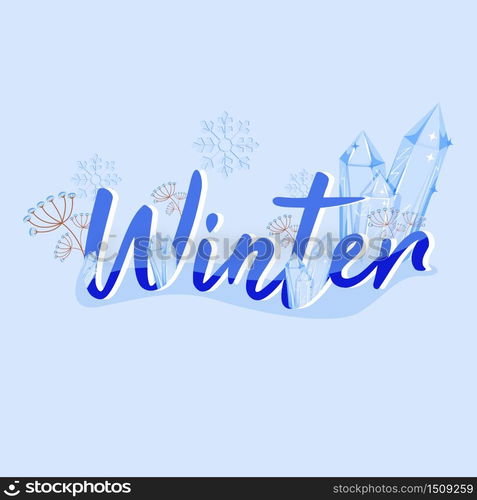 Winter banner flat vector template. Cold weather. Crystal snowflakes. Festive horizontal poster word concepts design. Holiday cartoon illustrations with typography. Winter word on blue background