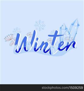 Winter banner flat vector template. Cold weather. Crystal snowflakes. Festive horizontal poster word concepts design. Holiday cartoon illustrations with typography. Winter word on blue background