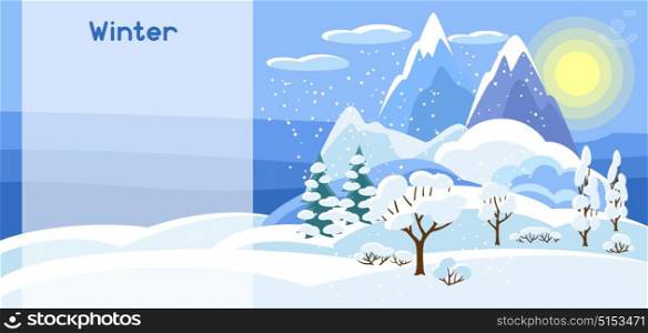 Winter banner with trees, mountains and hills. Seasonal illustration. Winter banner with trees, mountains and hills. Seasonal illustration.