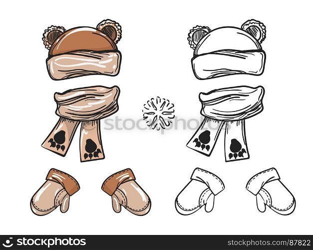 Winter bear hat scarf and mittens. Winter accessorises set. Vector bear hat scarf and mittens