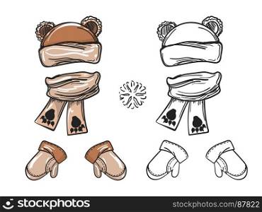 Winter bear hat scarf and mittens. Winter accessorises set. Vector bear hat scarf and mittens