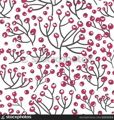 Winter berries on branches, dry twigs with rowanberry or rosehip. Decorative ornaments for greeting card. Xmas and new year symbol. Seamless pattern background or print. Vector in flat style. Berries on branches, rowanberry seamless pattern