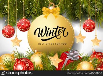 Winter best offer lettering on bauble-shaped tag with fir sprigs and baubles. Calligraphic Inscription can be used for leaflets, festive design, posters, banners.
