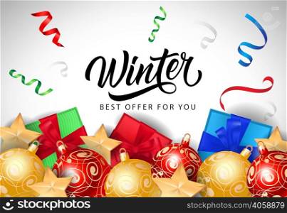 Winter best offer lettering with baubles, present boxes and streamer on silver background. Inscription can be used for leaflets, festive design, posters, banners.