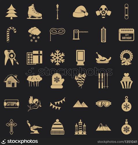 Winter birthday icons set. Simple style of 36 winter birthday vector icons for web for any design. Winter birthday icons set, simple style