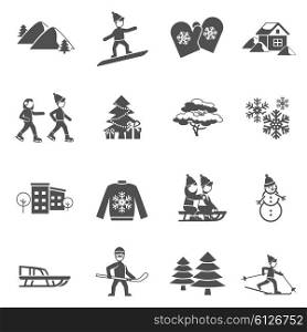 Winter Black Icons Set . Winter decorative icons set with snowman fir tree and skiing children black and white abstract isolated vector illustration