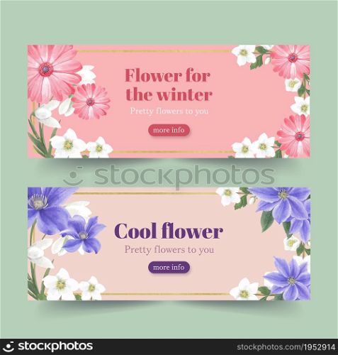 Winter bloom banner design with gerbera, coronarius, lilies watercolor illustration.
