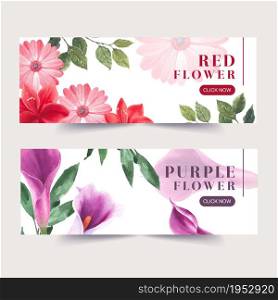 Winter bloom banner design with gerbera, lilies, calla lilies watercolor illustration.