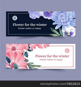 Winter bloom banner design with gerbera, orchid, chrysanthemum watercolor illustration.