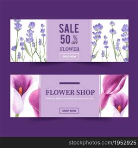 Winter bloom banner design with lavender, calla lilies watercolor illustration.