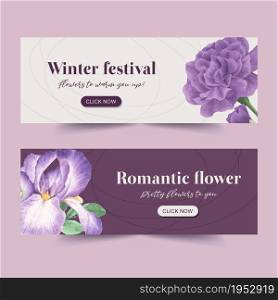 Winter bloom banner design with peony, cattleya flower watercolor illustration.