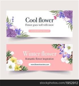 Winter bloom banner design with peony, coronarius, galanthus watercolor illustration.