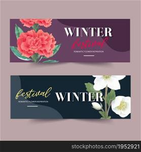 Winter bloom banner design with peony, flower watercolor illustration.