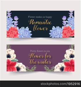 Winter bloom banner design with peony, lavender, lilies watercolor illustration.