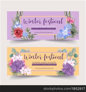 Winter bloom banner design with rose, peony, chrysanthemum watercolor illustration.