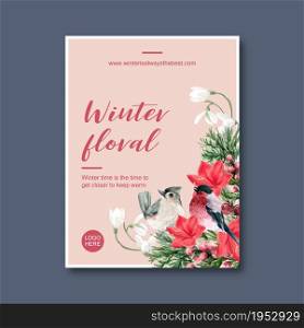 Winter bloom poster design with bird, floral, foliages watercolor illustration.
