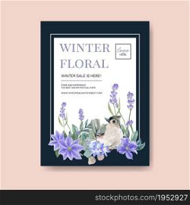 Winter bloom poster design with bird, flower watercolor illustration.