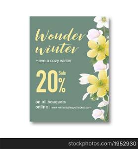 Winter bloom poster design with flower and foliages watercolor illustration.