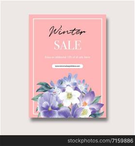 Winter bloom poster design with flowers and foliages watercolor illustration.