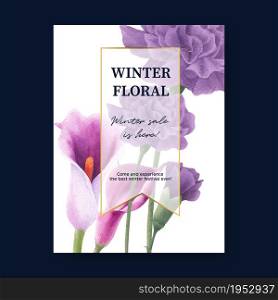 Winter bloom poster design with peony, calla lilies watercolor illustration.