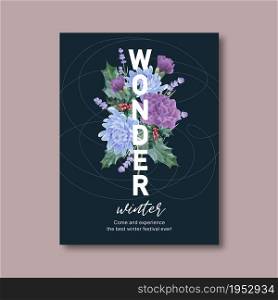 Winter bloom poster design with peony, chrysanthemum watercolor illustration.