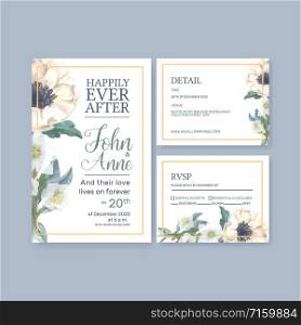 Winter bloom wedding card design with anemone watercolor illustration.
