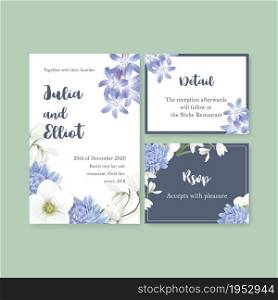 Winter bloom wedding card design with coronarius, chrysanthemum watercolor illustration.