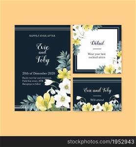 Winter bloom wedding card design with floral and foliages watercolor illustration.