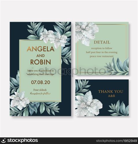 Winter bloom wedding card design with foliages watercolor illustration.