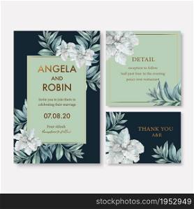 Winter bloom wedding card design with foliages watercolor illustration.