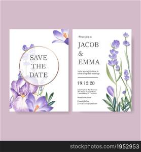 Winter bloom wedding card design with lavender, cattleya watercolor illustration.
